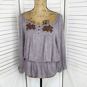 Mine Embroidered Peplum Printed Peasant Blouse‎ Gray Brown Medium